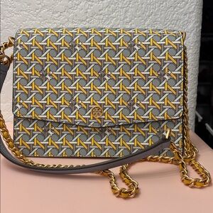 Tory Burch blue Yellow and Gray Geometric handbag crossbody purse gold hardware
